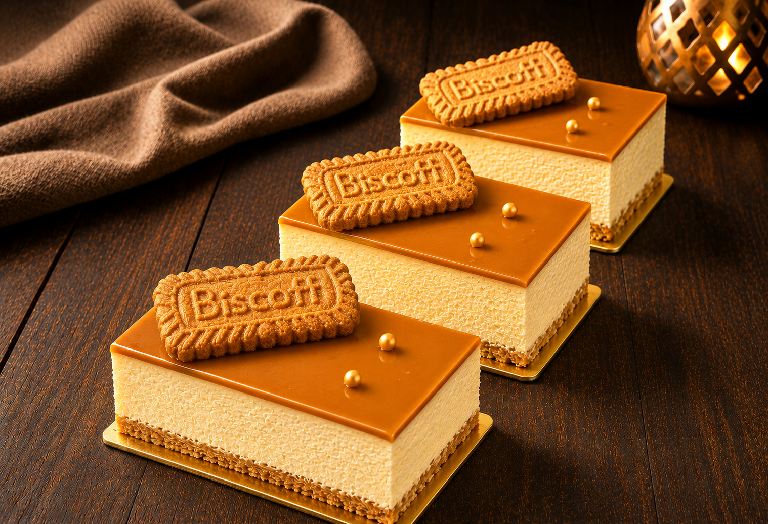 Biscoff cheesecake slice with caramelised glaze and golden pearls