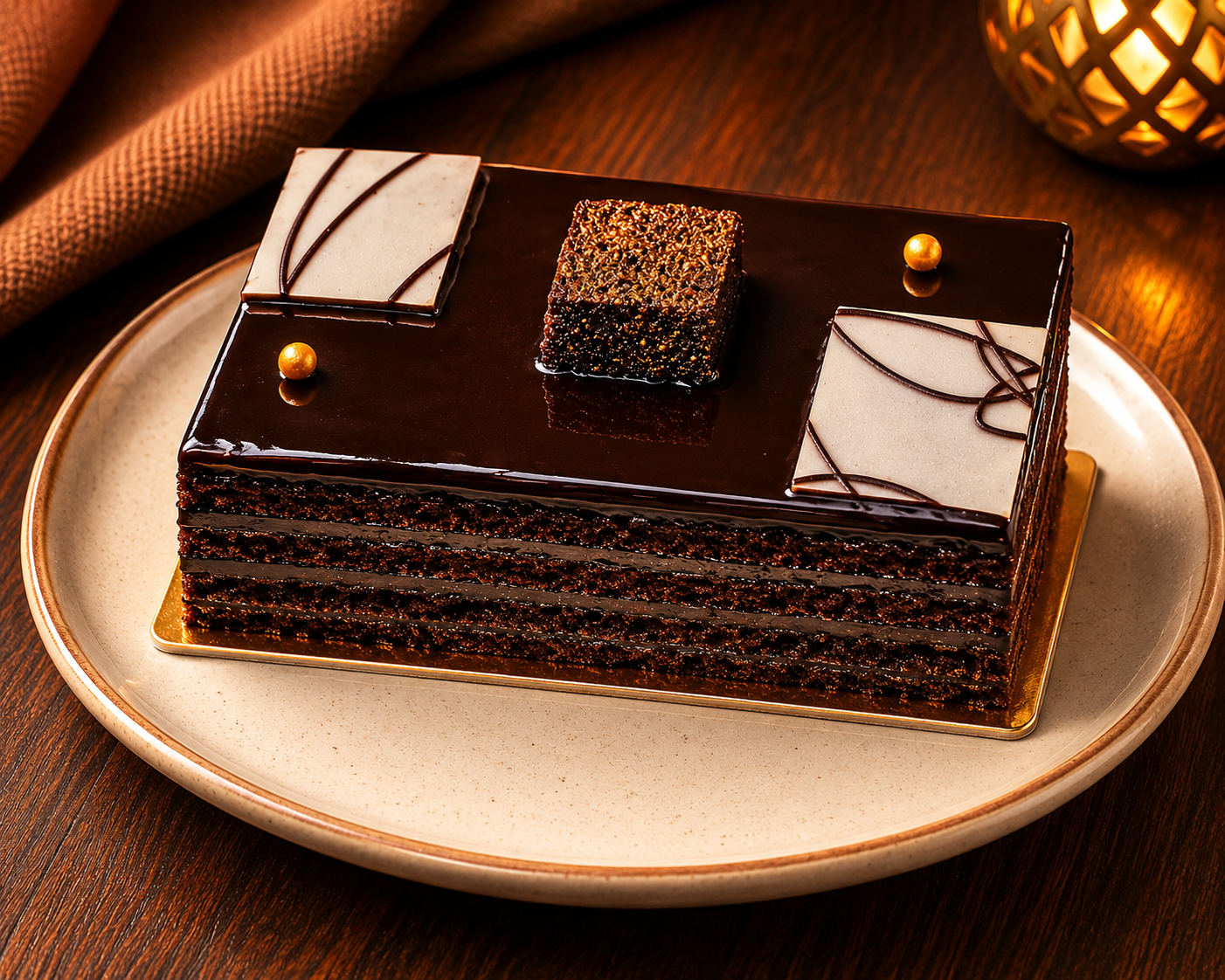 Rich chocolate pastry layered with dark ganache and golden pearls