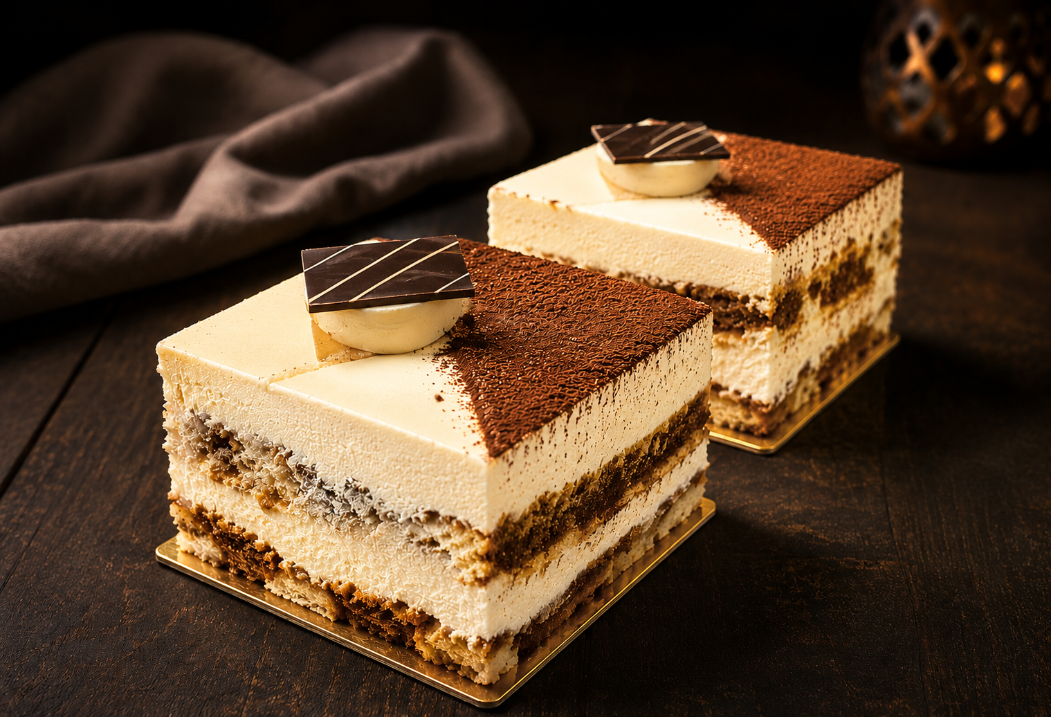 Classic Tiramisu dessert with mascarpone cream and cocoa dusting